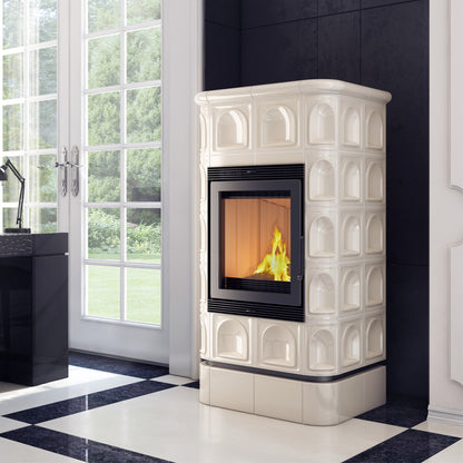 Kratki Kamineinsatz aus Stahl KRATKI BLANKA 8 kW Ø 160 creme Kachel
