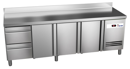 KBS Gastrotechnik Kühltisch Ready KT4002 mit Arbeitsplatte, Aufkantung 3 Türen 2 halbe Schublade
