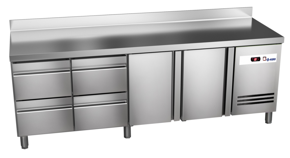 KBS Gastrotechnik Kühltisch Ready KT4004 mit Arbeitsplatte, Aufkantung 2 Türen 4 halbe Schublade