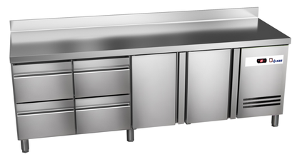 KBS Gastrotechnik Kühltisch Ready KT4004 mit Arbeitsplatte, Aufkantung 2 Türen 4 halbe Schublade