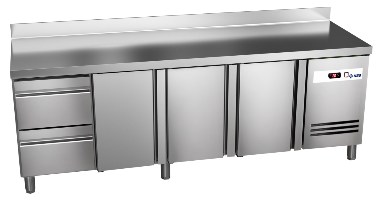 KBS Gastrotechnik Kühltisch Ready KT4612 mit Arbeitsplatte, Aufkantung 3 Türen, 2 halbe Schubladen