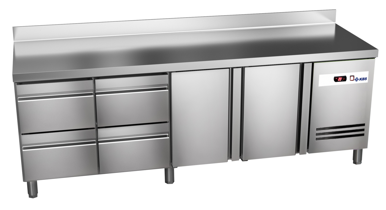 KBS Gastrotechnik Kühltisch Ready KT4614 mit Arbeitsplatte, Aufkantung 2 Türen, 4 halbe Schubladen