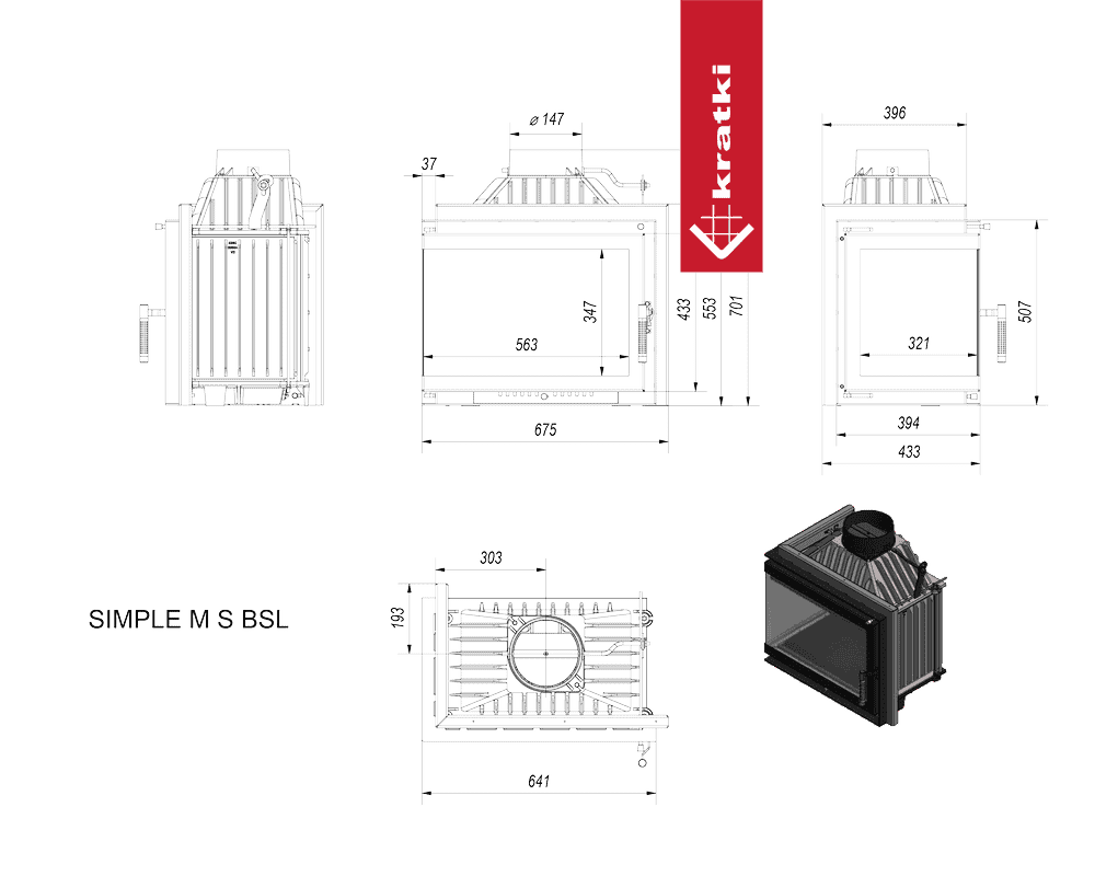 Kratki Kamineinsatz Gusseisen KRATKI SIMPLE links 8 kW Ø 150