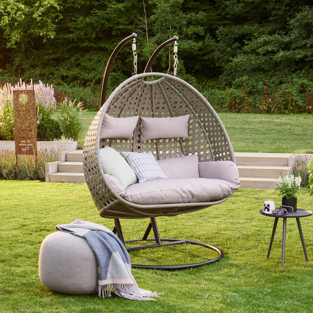 Home Deluxe Polyrattan Hängesessel mit Regenabdeckung TWIN - Grau für 2 Personen