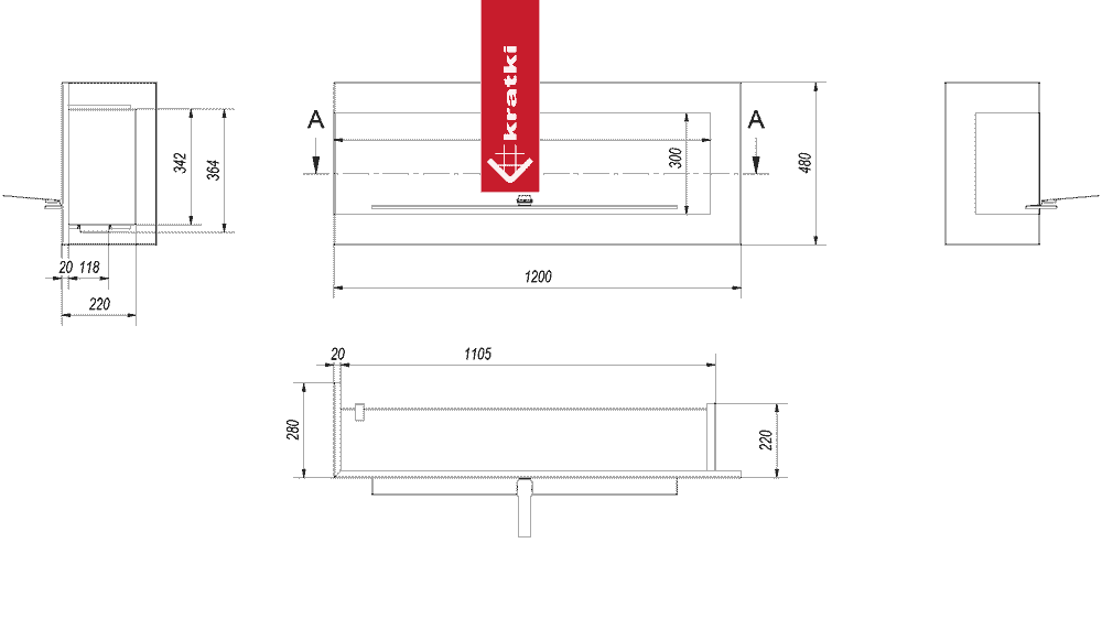 Kratki Wandkamin Bioethanol Eckkaminl DELTA links 120 cm TÜV