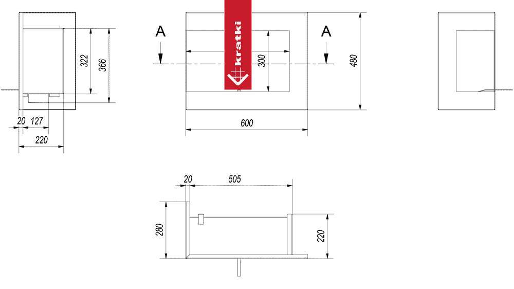 Kratki Wandkamin Bioethanol DELTA 900 TÜV links mit Verglasung