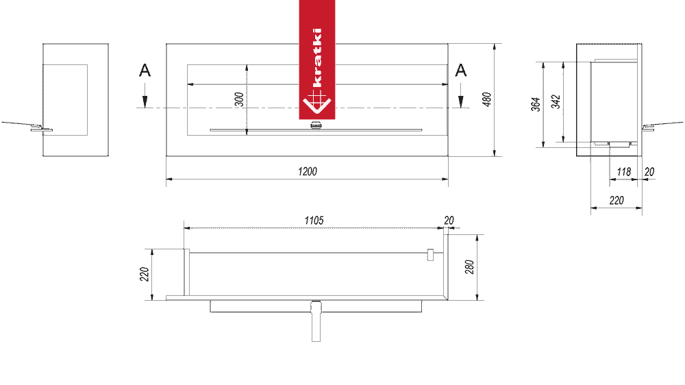 Kratki Wandkamin Bioethanol Eckkaminl DELTA rechts 120 cm TÜV