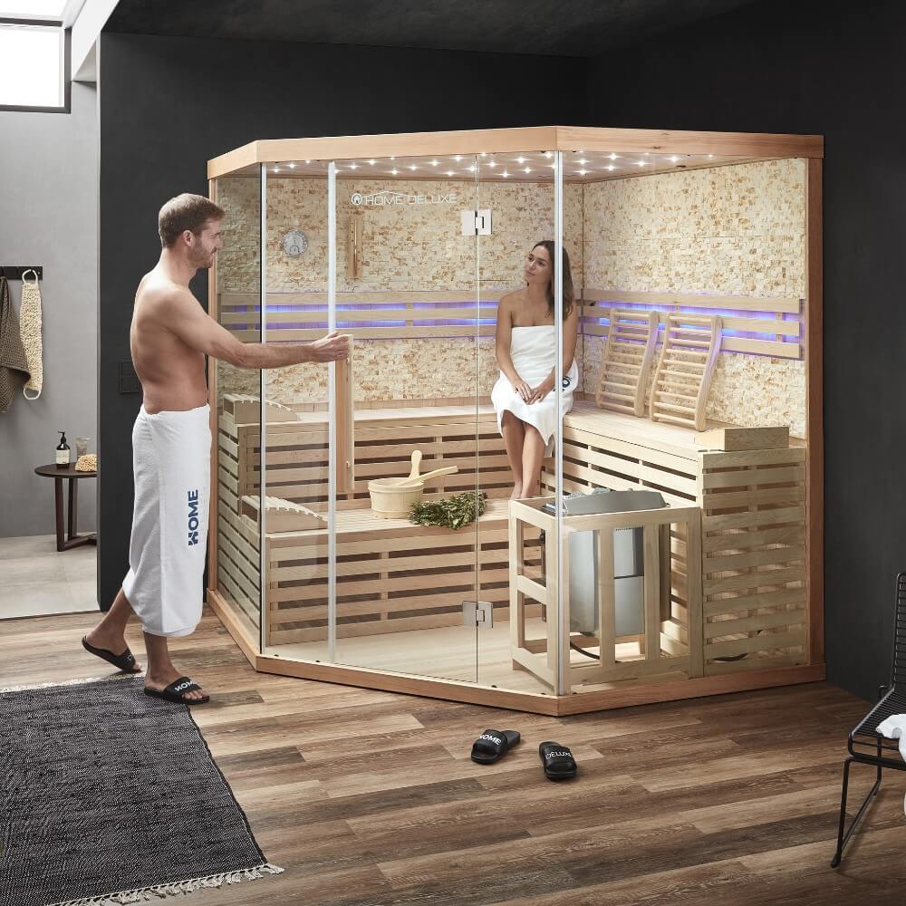 Home Deluxe Traditionelle Sauna mit Kunststeinwand SKYLINE BIG XL - 200 x 200 cm für 6 Personen