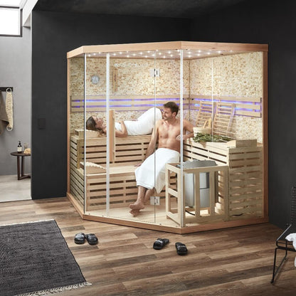 Home Deluxe Traditionelle Sauna mit Kunststeinwand SKYLINE BIG XL - 200 x 200 cm für 6 Personen