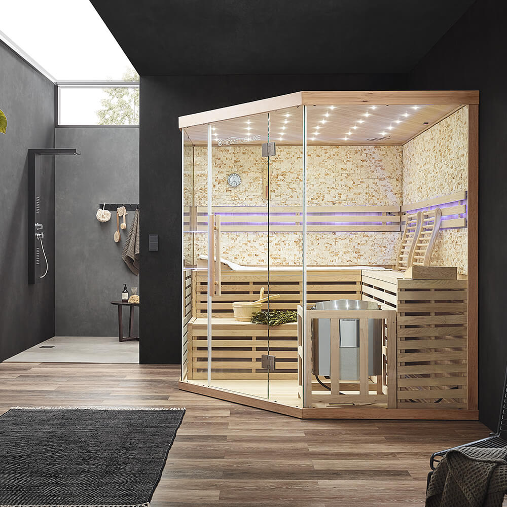 Home Deluxe Traditionelle Sauna mit Kunststeinwand SKYLINE BIG XL - 200 x 200 cm für 6 Personen