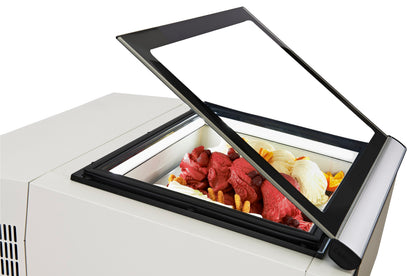 CombiSteel TISCHMODELL SPEISEISVITRINE WEIß  ÖFFNET AUF DER BEDIENUNG SEITE
