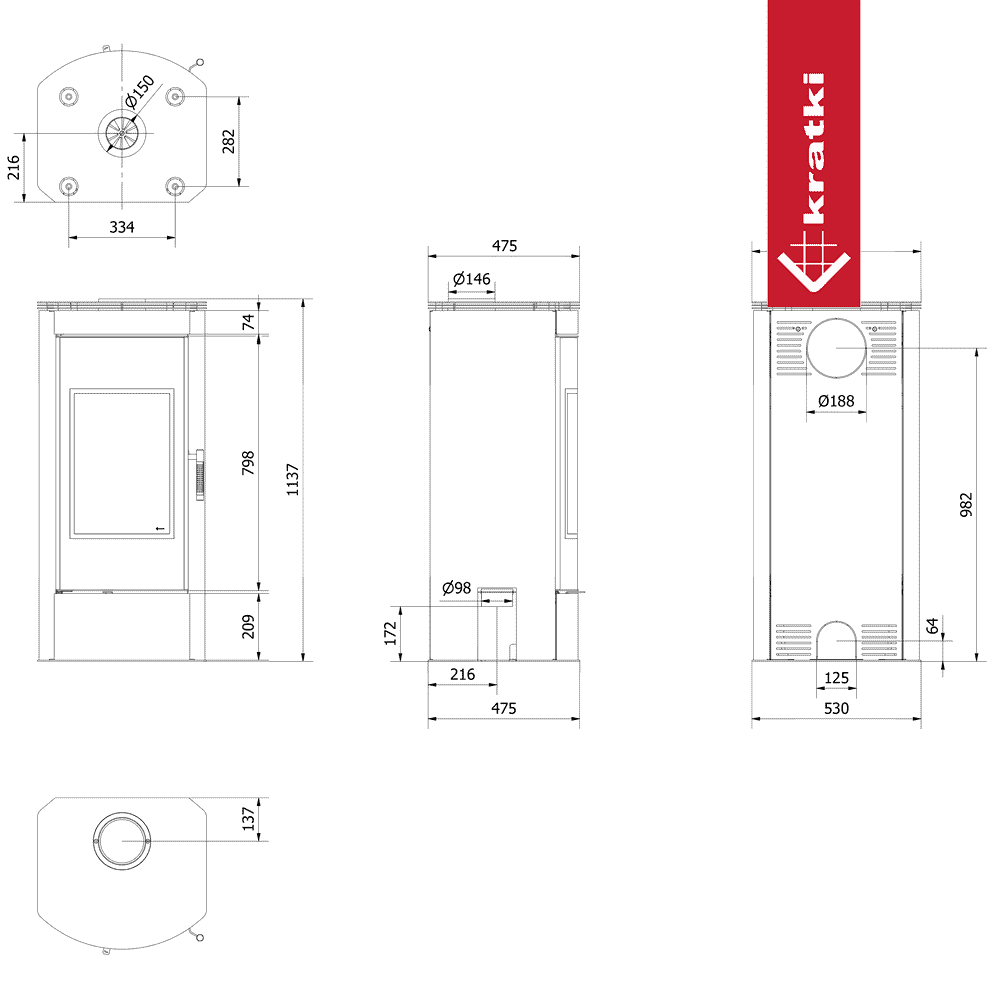 Kratki Kaminofen aus Stahl KRATKI TITAN Panorama Ø 150 11 kW