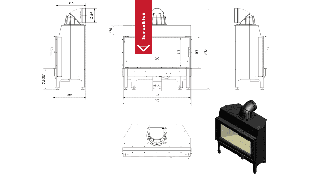 Kratki Kamineinsatz aus Stahl KRATKI NADIA 14 kW Ø 200 schwarz Verkleidung
