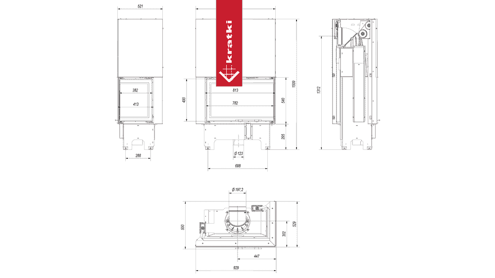 Kratki Kamineinsatz KRATKI VNP 810/410 14 kW Ø 200 mit Schiebetür schwarz Verkleidung