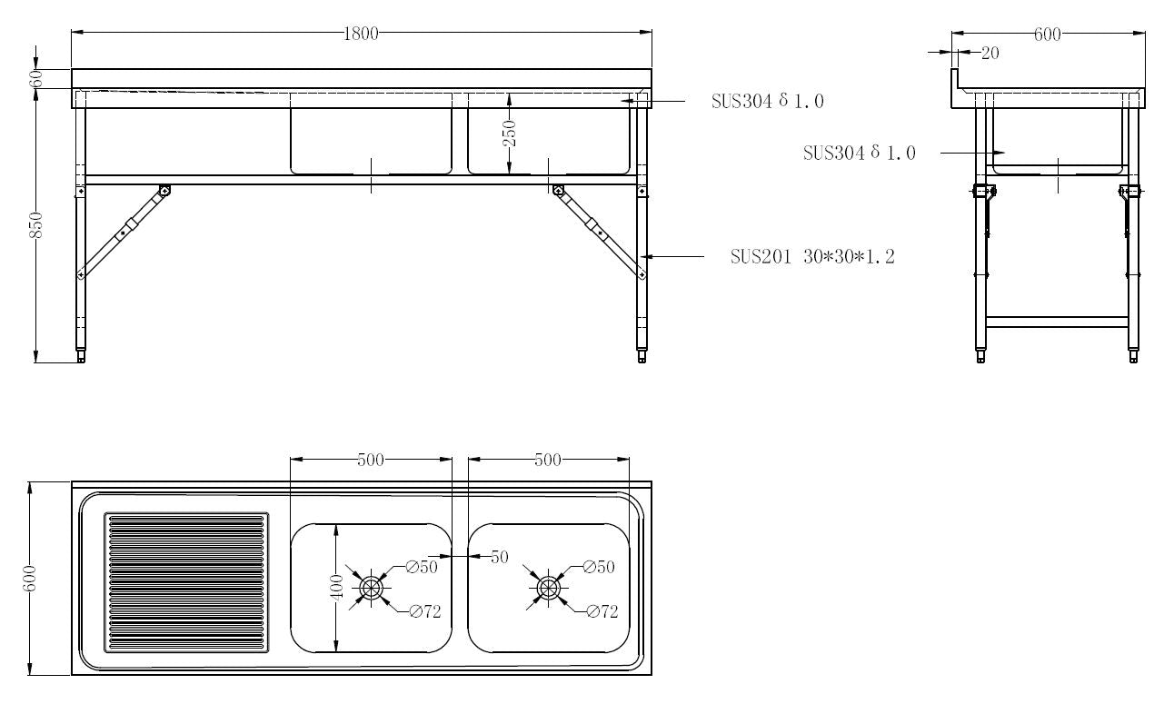 CombiSteel 600 ZUSAMMENKLAPPBARE SPÜLTISCH 1800 2R