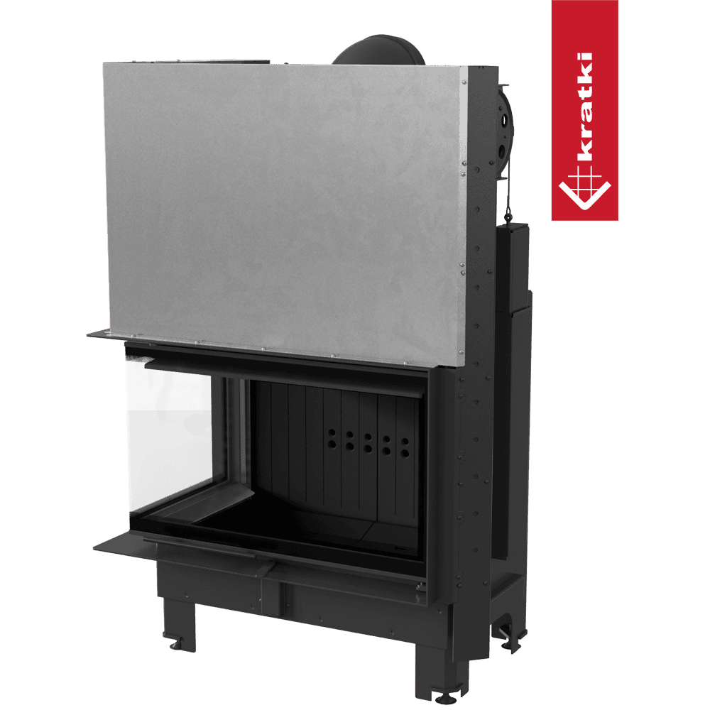 Kratki Kamineinsatz KRATKI MBO links 15 kW Ø 200 mit Schiebetür gebogenes Glas schwarz Verkleidung