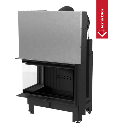 Kratki Kamineinsatz KRATKI MBO links 15 kW Ø 200 mit Schiebetür gebogenes Glas schwarz Verkleidung