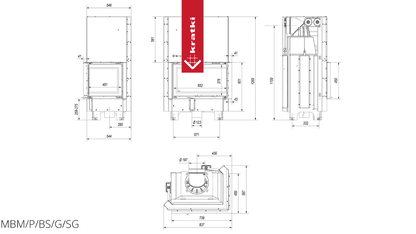 Kratki Kamineinsatz KRATKI MBM rechts 10 kW Ø 200 mit Schiebetür gebogenes Glas schwarz Verkleidung