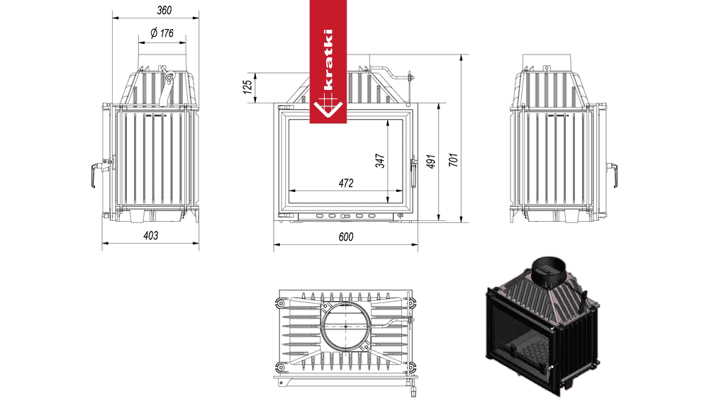 Kratki Kamineinsatz Gusseisen KRATKI MAJA 8 kW Ø 180