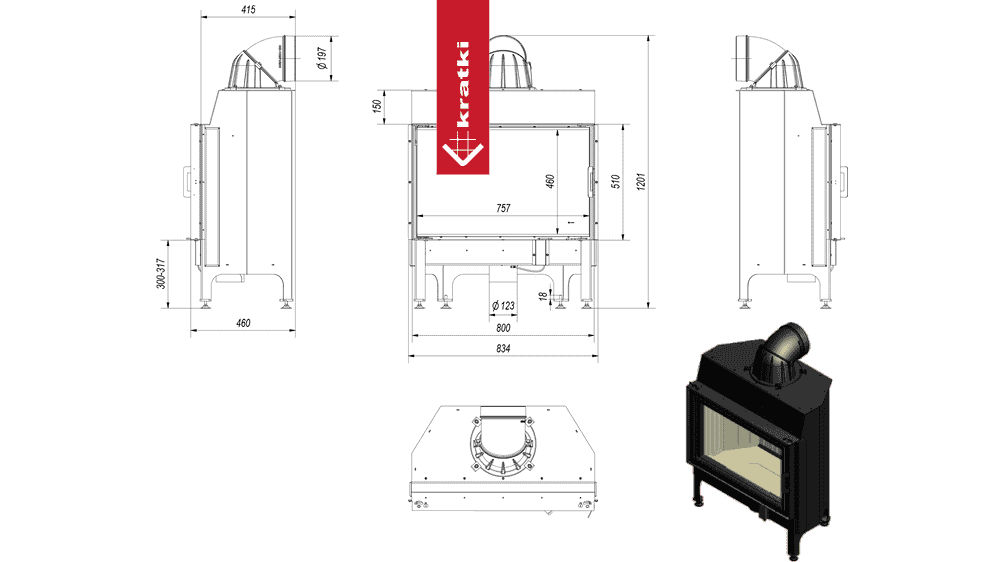 Kratki Kamineinsatz aus Stahl KRATKI NADIA 12 kW Ø 200 schwarz Verkleidung
