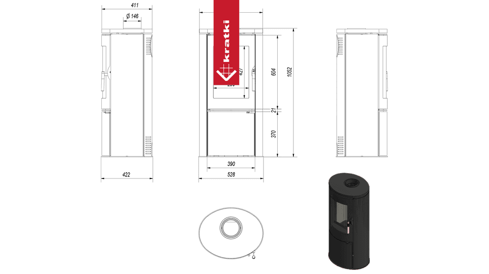 Kratki Stahl-Gusseisen Kaminofen KRATKI AB Ø 150 8 kW schwarz Verkleidung
