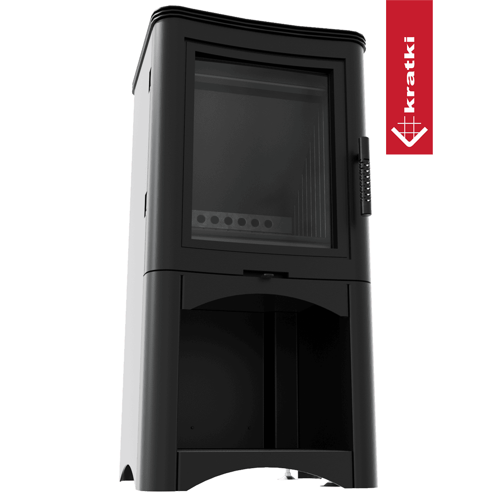 Kratki Kaminofen aus Stahl KRATKI K5 Ø 150 7 kW Holzregal schwarz Verkleidung
