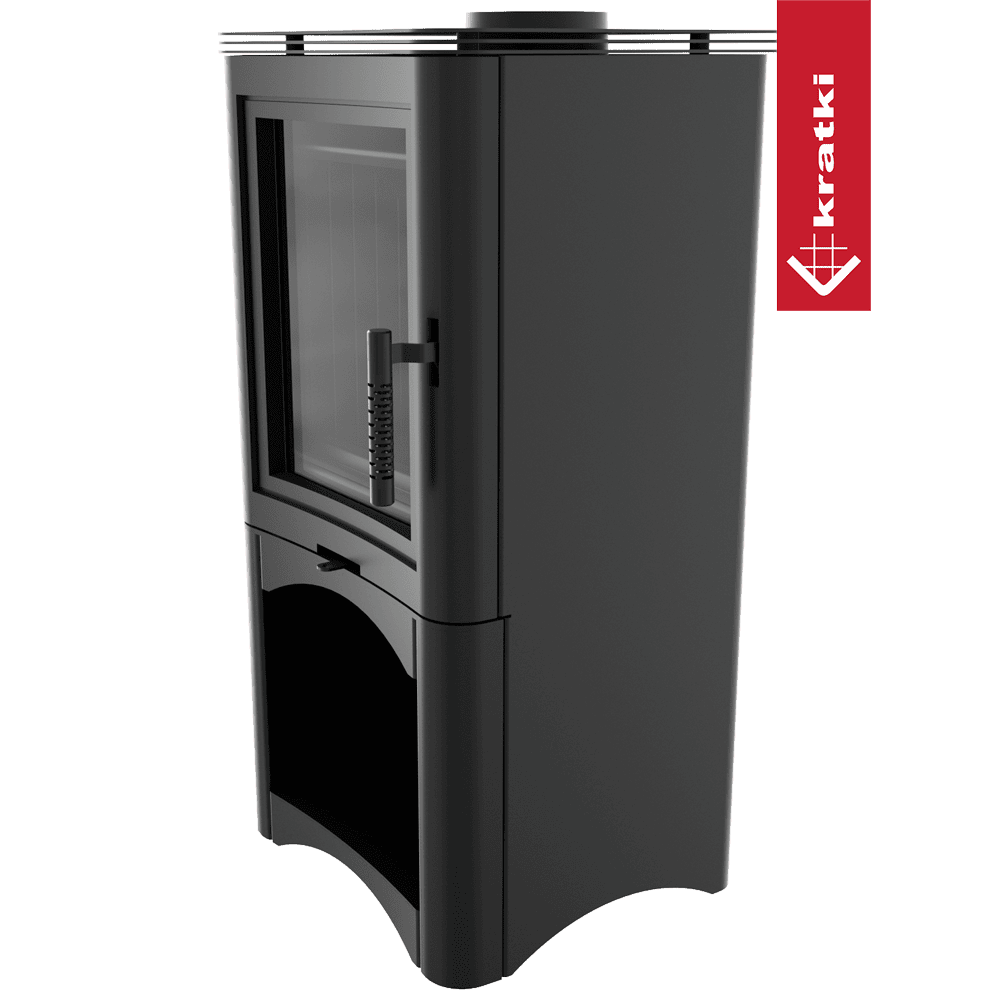 Kratki Kaminofen aus Stahl KRATKI K5 Ø 150 7 kW Holzregal schwarz Verkleidung