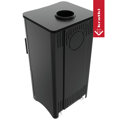 Kratki Kaminofen aus Stahl KRATKI K5 Ø 150 7 kW Holzregal schwarz Verkleidung