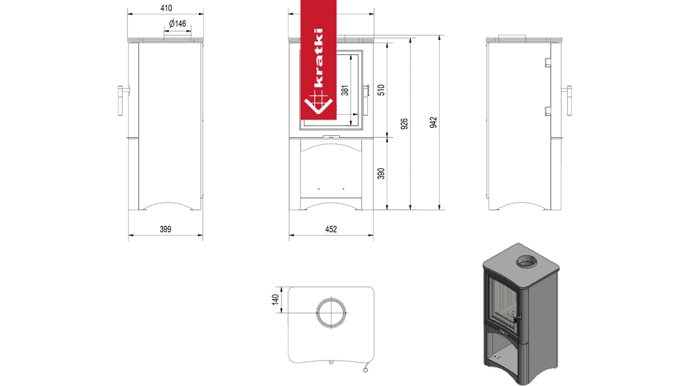 Kratki Kaminofen aus Stahl KRATKI K5 Ø 150 7 kW Holzregal schwarz Verkleidung
