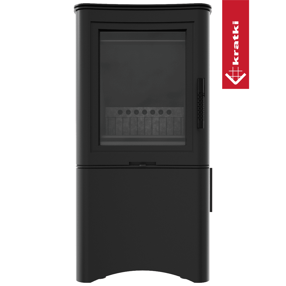 Kratki Kaminofen aus Stahl KRATKI K5 Ø 150 7 kW regal für holz mit Tür schwarz Verkleidung