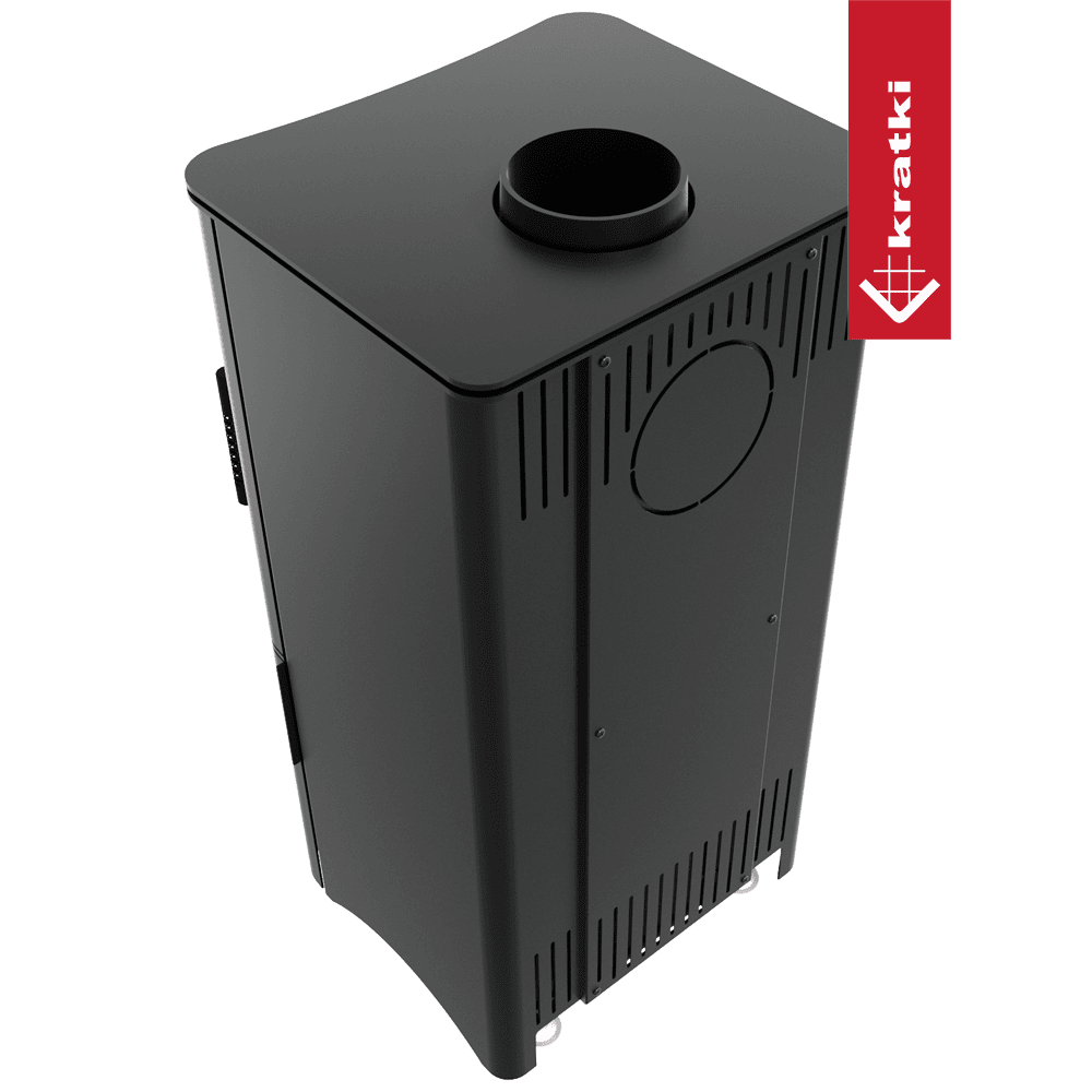 Kratki Kaminofen aus Stahl KRATKI K5 Ø 150 7 kW regal für holz mit Tür schwarz Verkleidung