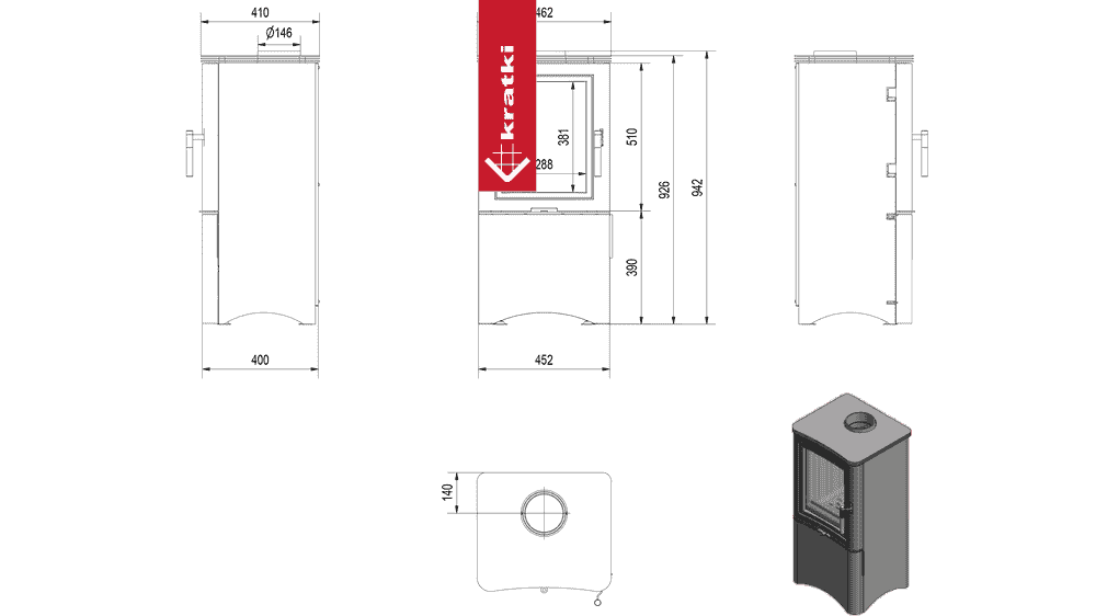 Kratki Kaminofen aus Stahl KRATKI K5 Ø 150 7 kW regal für holz mit Tür schwarz Verkleidung