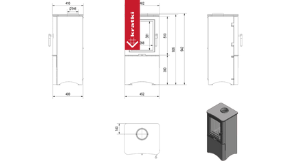Kratki Kaminofen aus Stahl KRATKI K5 Ø 150 7 kW regal für holz mit Tür schwarz Verkleidung