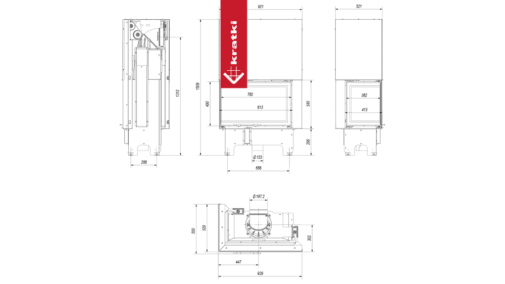 Kratki Kamineinsatz KRATKI VNL 810/410 14 kW Ø 200 mit Schiebetür schwarz Verkleidung