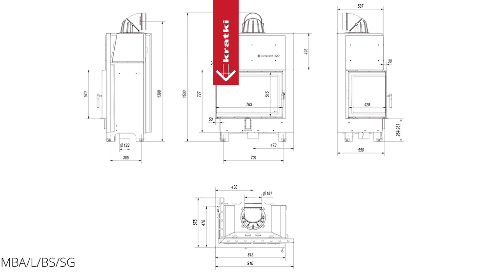 Kratki Kamineinsatz aus Stahl KRATKI MBA links 17 kW Ø 200 gebogenes Glas schwarz Verkleidung