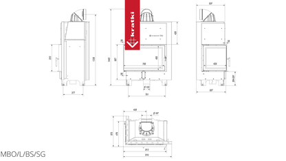 Kratki Kamineinsatz aus Stahl KRATKI MBO links 15 kW Ø 200 gebogenes Glas schwarz Verkleidung