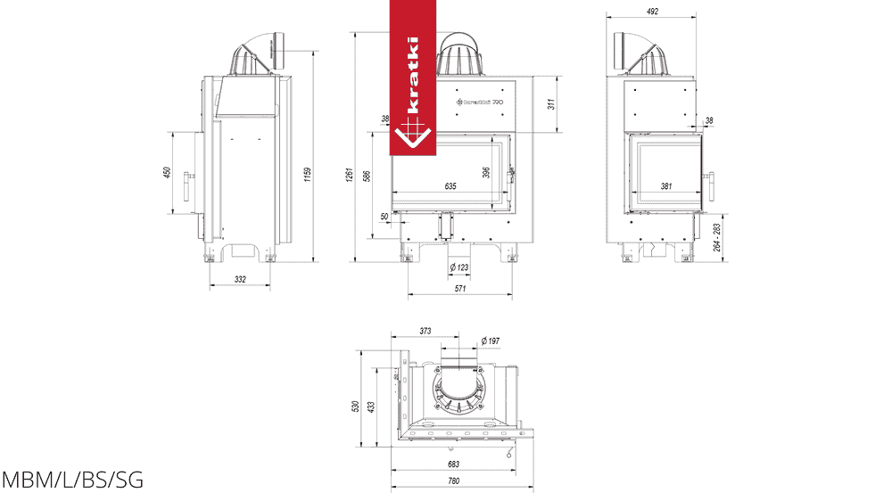 Kratki Kamineinsatz aus Stahl KRATKI MBM links 10 kW Ø 200 gebogenes Glas schwarz Verkleidung