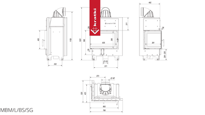 Kratki Kamineinsatz aus Stahl KRATKI MBM links 10 kW Ø 200 gebogenes Glas schwarz Verkleidung