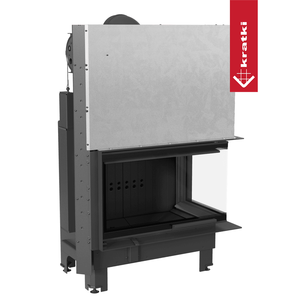 Kratki Kamineinsatz KRATKI MBO rechts 15 kW Ø 200 mit Schiebetür gebogenes Glas schwarz Verkleidung