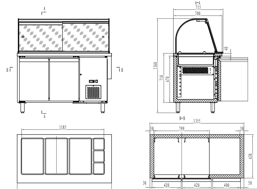 CombiSteel 700 KÜHLTISCH MIT GLAS 2 TÜREN  3X 1/1 + 3X 1/6 GN BEHÄLTER