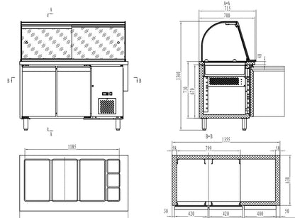 CombiSteel 700 KÜHLTISCH MIT GLAS 2 TÜREN  3X 1/1 + 3X 1/6 GN BEHÄLTER