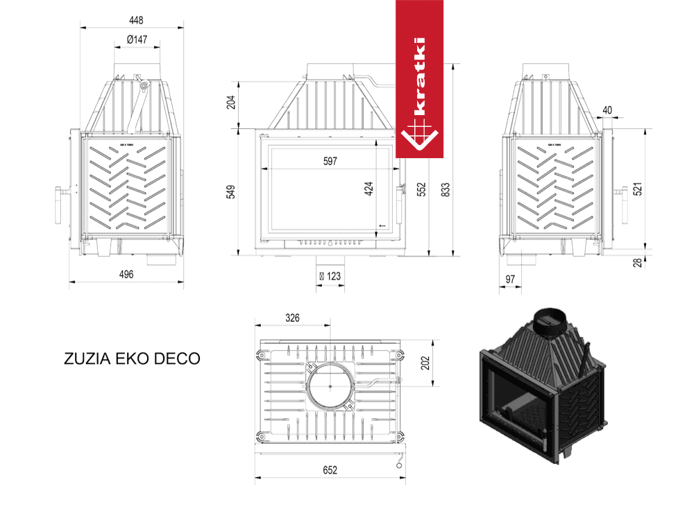 Kratki Kamineinsatz Gusseisen KRATKI ZUZIA ECO DECO 12 kW Ø 150
