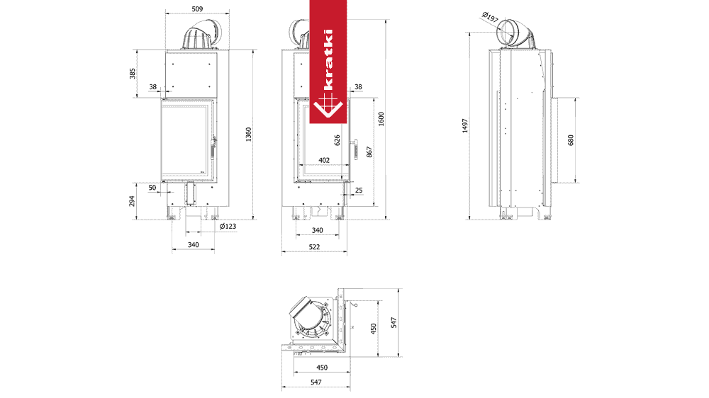 Kratki Kamineinsatz aus Stahl KRATKI MBN links 10 kW Ø 200
