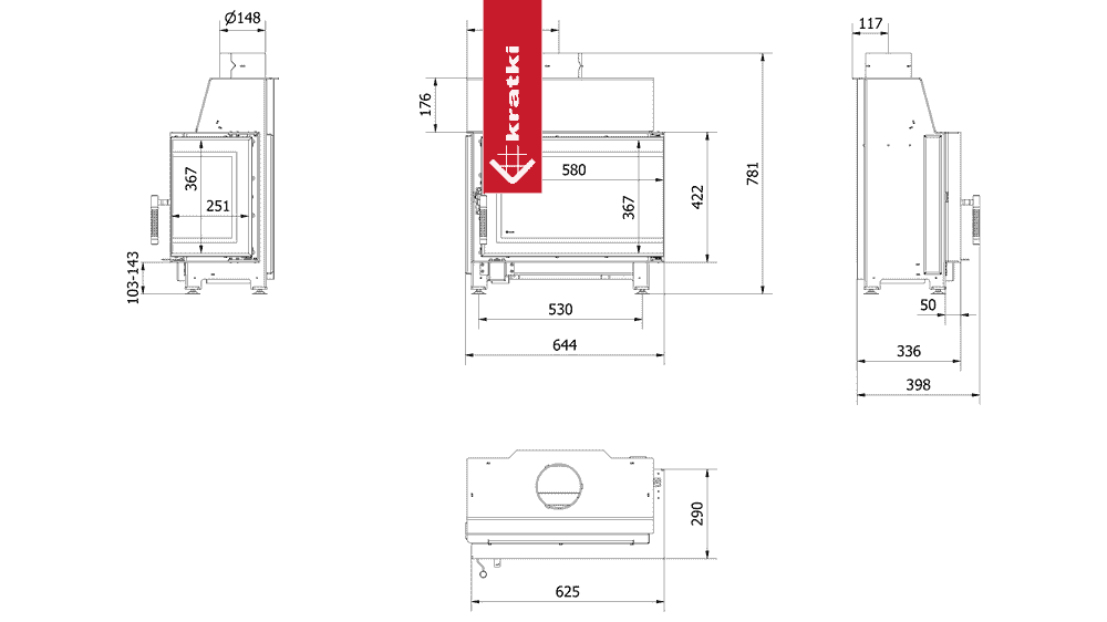 Kratki Rechter Stahl-Luftkamin KRATKI SIMPLE 6 kW 150