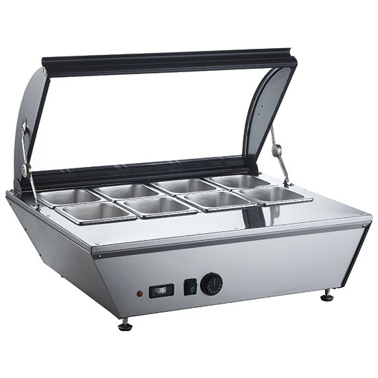 Virtus Heiße Theke 8x GN 1/6 mit Glasdeckel, +30°/+90°C