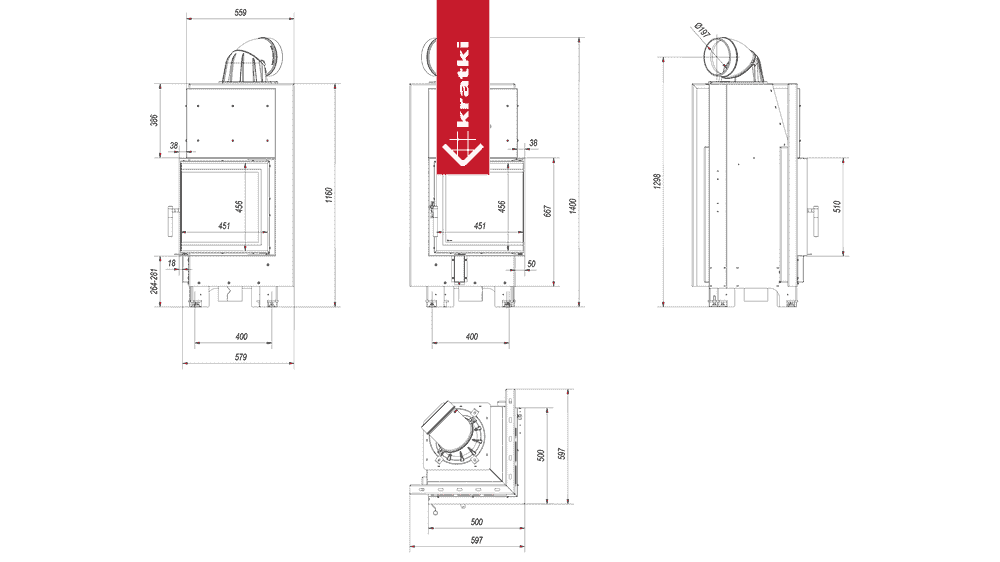 Kratki Kamineinsatz aus Stahl KRATKI MBN rechts 8 kW Ø 200