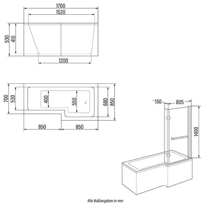 Home Deluxe Duschbadewanne ELARA - 170 x 85 cm Links
