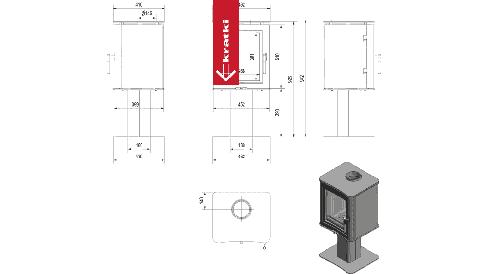 Kratki Kaminofen aus Stahl säulenfuß KRATKI K5 Ø 150 7 kW