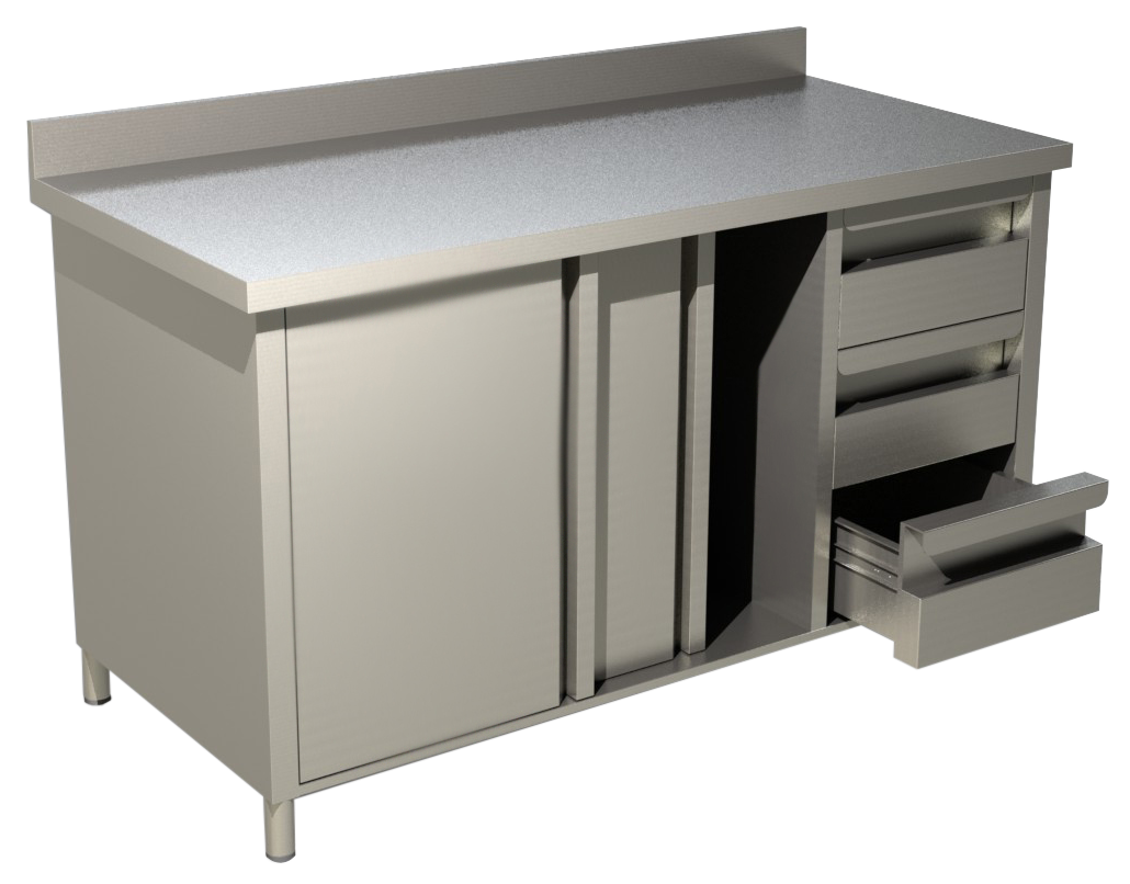 KBS Gastrotechnik Arbeitsschrank mit Schiebetüren, Schubladen und Aufkantung B 160cm x T 70cm