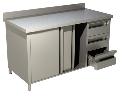 KBS Gastrotechnik Arbeitsschrank mit Schiebetüren, Schubladen und Aufkantung B 160cm x T 70cm